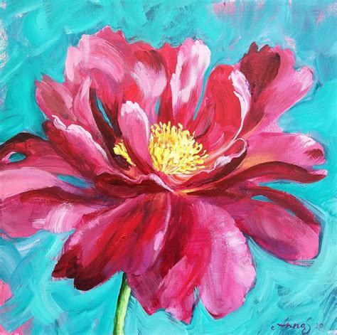 Bright Pink Peony Flower Acrylic Painting Painting by Anna Silabrama ...