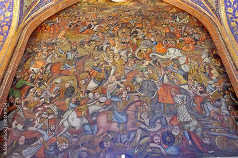 Fresco at Chehel Sotoun palace showing the Karnal battle between Nader Shah Afshar and Mohammad ...