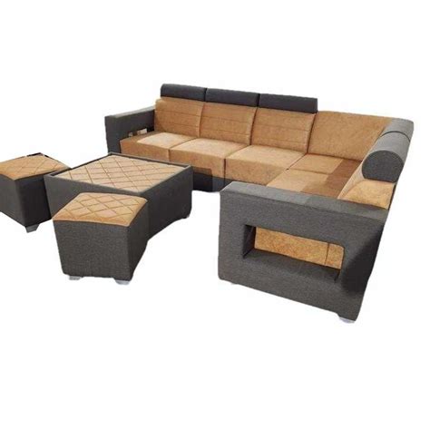 7 Seater Brown L Shaped Sheesham Wood Sofa Set With Table And 2 Puffy