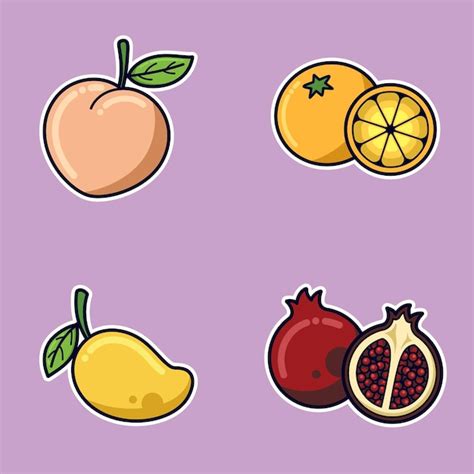 Fruta lindo dibujos animados melocotón naranja mango ciruela vector