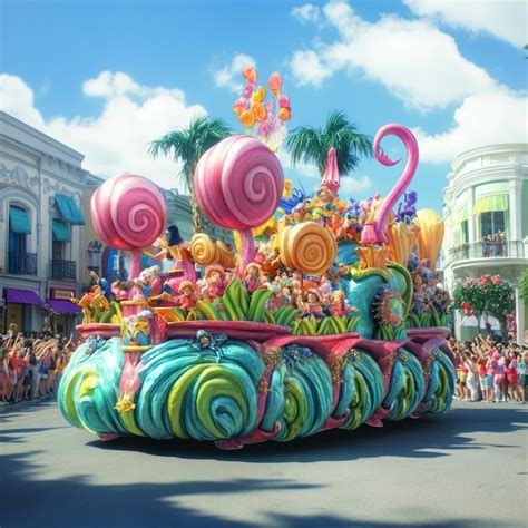 A colorful parade float with candy decorations and people waving ...