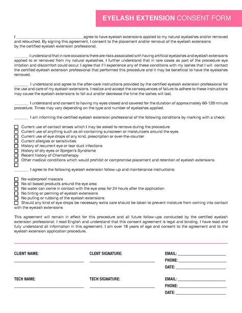 Eyelash Extension Consent Form Waiver And Release Template