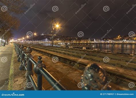 Budapest Danube Riverside at Night with Tram Tracks Stock Image - Image ...