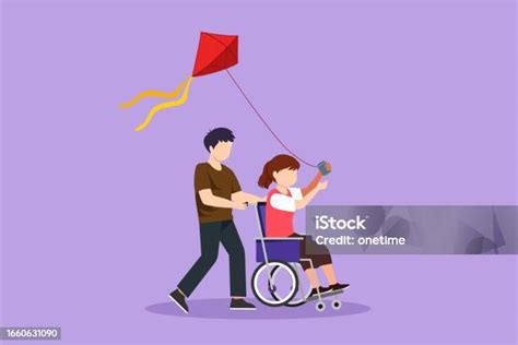 Dessin De Style Plat De Dessin Animé Dun Enfant Handicapé Heureux Jouant Au Cerfvolant Ensemble