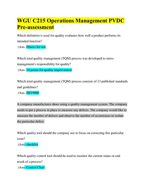 WGU C215 Operations Management PVDC Pre Assessment Questions Answers