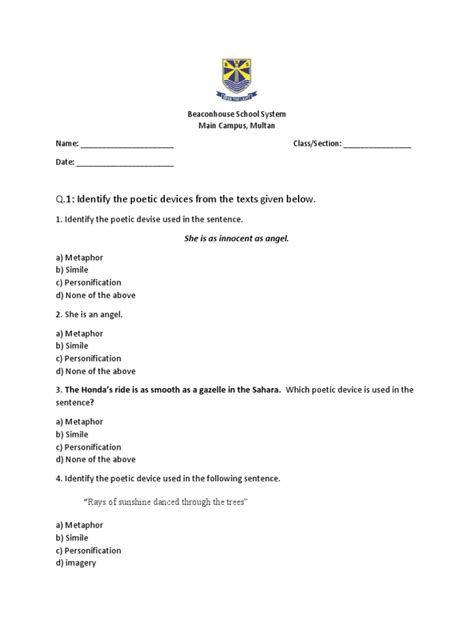 Poetic Devices Worksheet 3 Reading Activity Worksheets Library