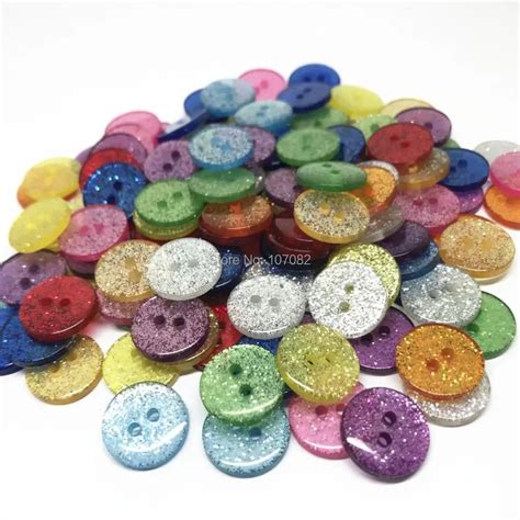 200pcs 15mm Mixed Glitter Round 2 Holes Buttons Resin Sparkle Sewing