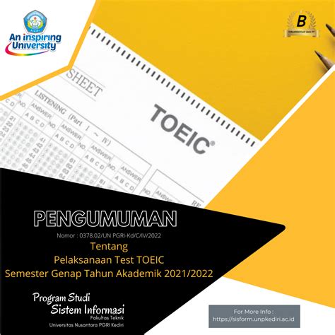 Pengumuman Tentang Pelaksanaan Test Toeic Semester Genap Tahun Akademik