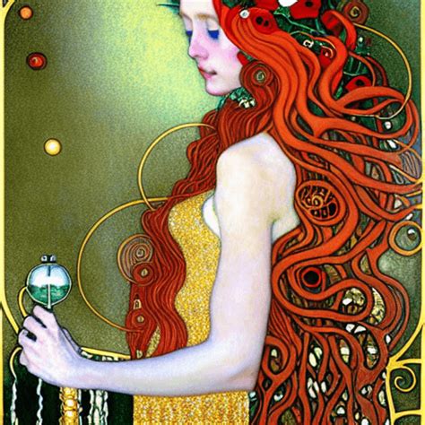 Gustav Klimt Stunning Pale Skin Woman With Long Wavy Red Hair With