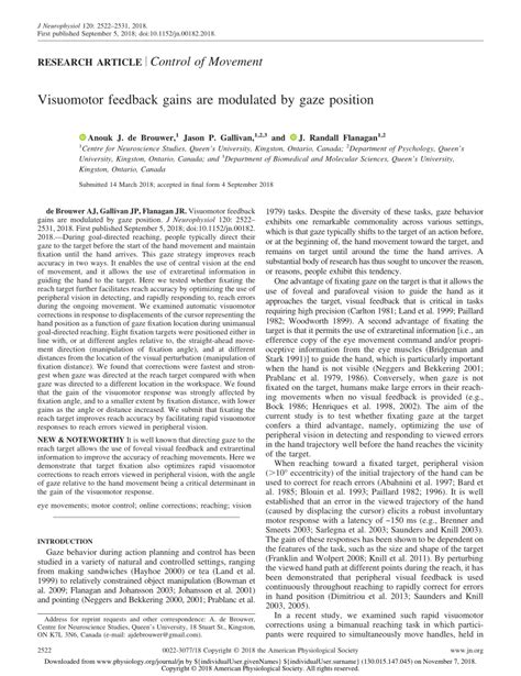 PDF Visuomotor Feedback Gains Are Modulated By Gaze Position