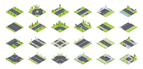 Elementos de carreteras urbanas isométricas calles cruces con semáforos