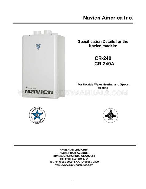 Navien Cr T Creator Water Heater Specifications Sheet Water