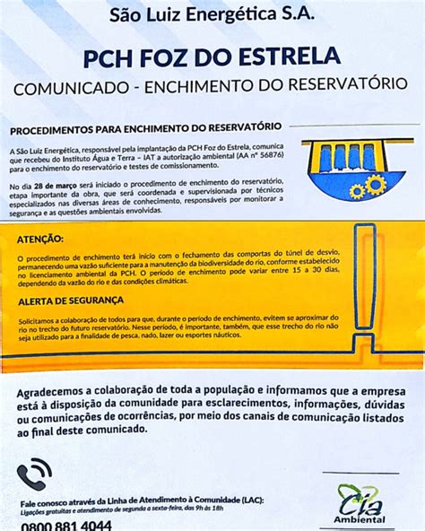 Empresa Iniciar Etapa De Enchimento Do Reservat Rio Da Pch Foz Do