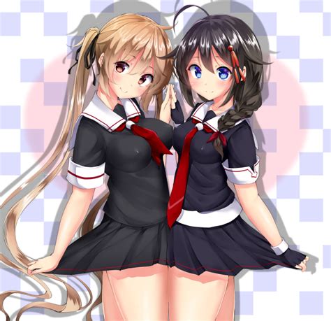 Safebooru 2girls Ahoge Asymmetrical Docking Black Gloves Black Hair Black Ribbon Black