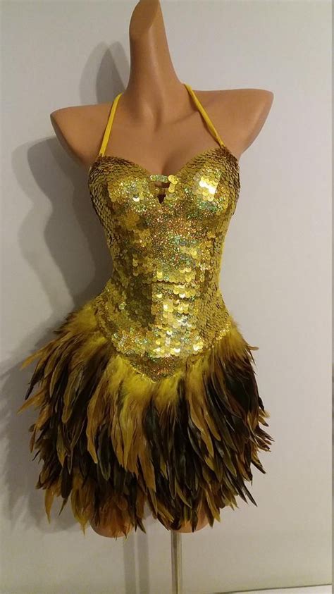 Gold Sequin Feather Dress Samba Costumes Carnival Show Girl Las Vegas