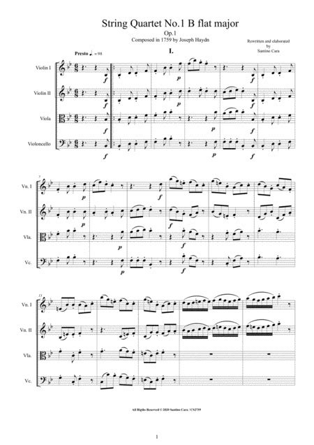 Haydn String Quartet No 1 In B Flat Major Op 1 Complete Score And