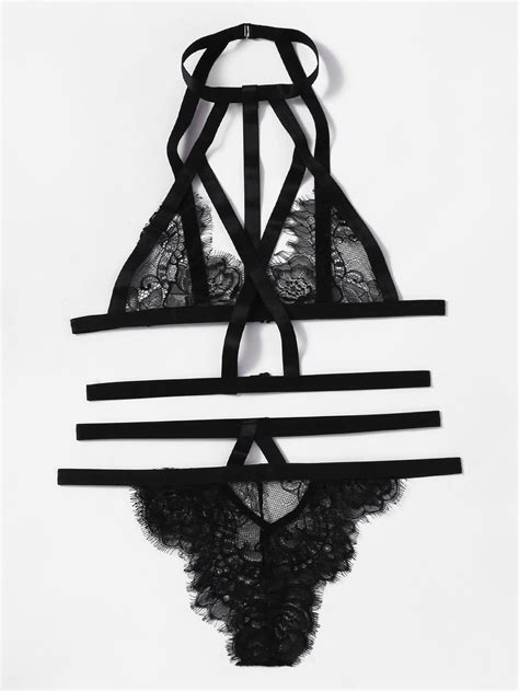 Strappy Eyelash Lace Lingerie Set Shein Sheinside