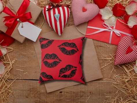 Lip Pucker Pillow Black Lipstick Kisses Square Dark Red Throw Pillow