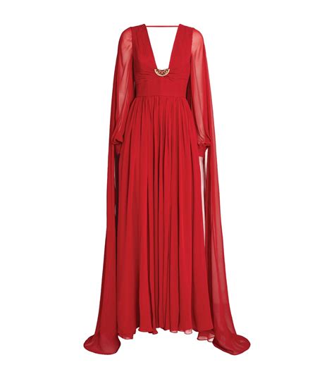 Elie Saab Red Silk Pleated Cape Dress Harrods UK