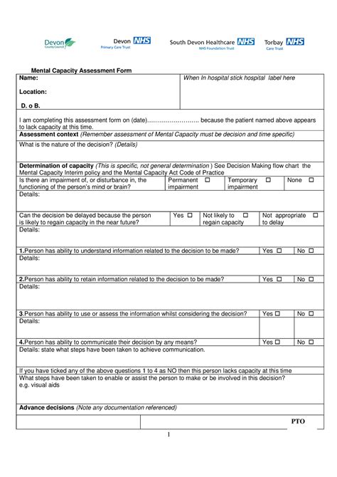 Mental Health Capacity Assessment Form 1 Mental Capacity Assessment