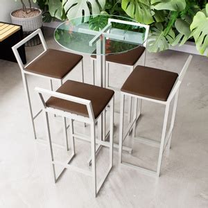 Conjunto Mesa Alta Bar Bistrô Redonda Vidro 4 Banquetas Confort