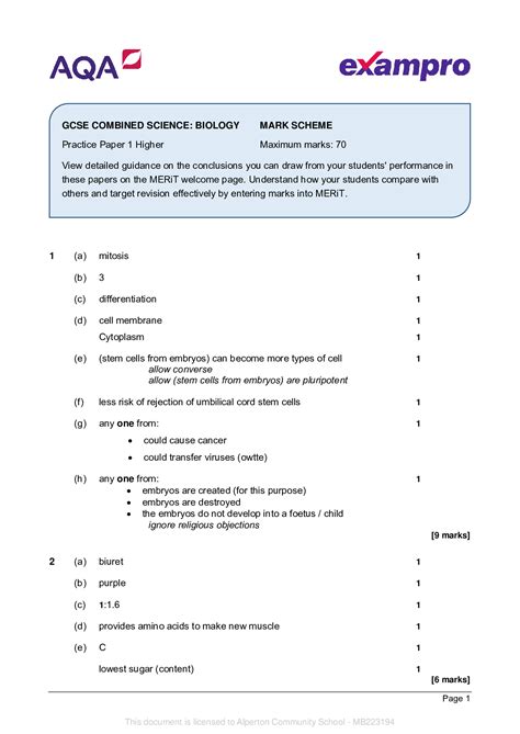 Aqa Gcse Trilogy Biology H Mark Scheme Practice Paper Higher