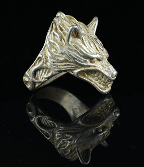 Cm Rare Old Chinese Miao Silver Feng Shui Wolf Head Jewelry Finger