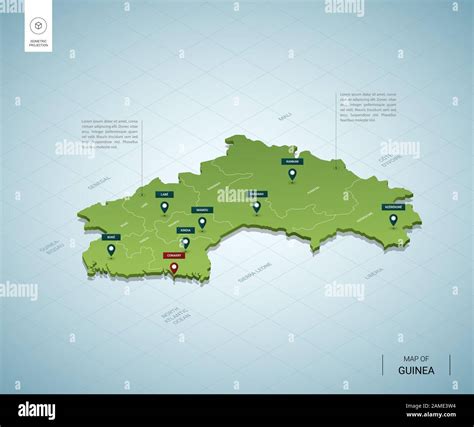 Stylized Map Of Guinea Isometric 3D Green Map With Cities Borders