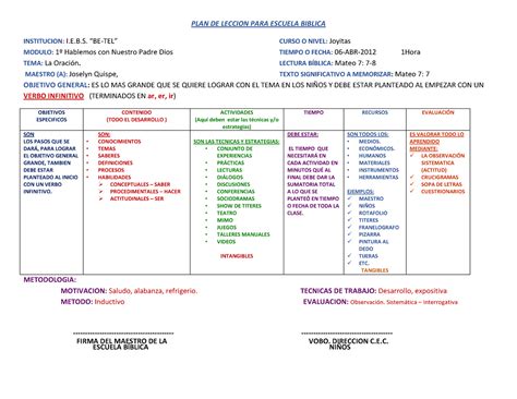 Plan De Leccion Para Escuela Biblica Plan De Leccion Para Escuela