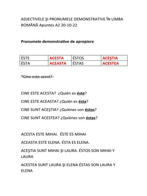 ADJECTIVELE ŞI PRONUMELE DEMONSTRATIVE ÎN LIMBA ROMÂNĂ Apuntes A2 20 | PDF