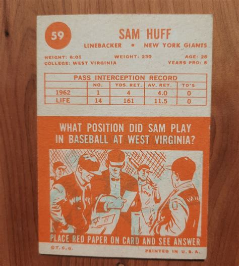 1963 Sam Huff Topps Football Card 59 New York Giants West Virginia EBay