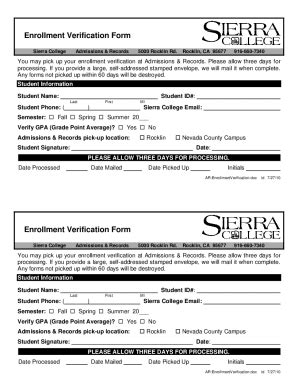 Fillable Online Enrollment Verification Form Enrollment Verification