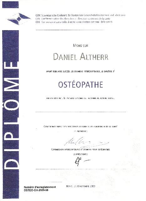 Diplome Cabinet D Ost Opathie Daniel Altherr Praxis F R Osteopathie