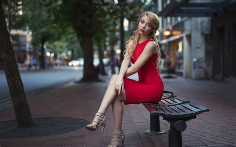 Wallpaper Red Skirt Blonde Girl Sit On Bench City Street 1920x1200 Hd Picture Image