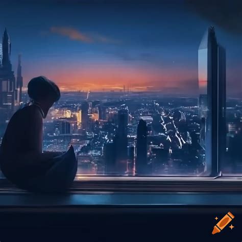 Man And Woman By Panorama Window Overlooking City Lights Sky With