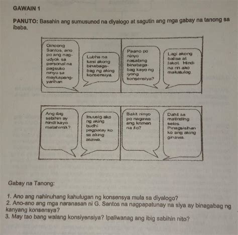 GAWAIN 1 PANUTO Basahin Ang Sumusunod Na Diyalogo At Sagutin Ang Mga