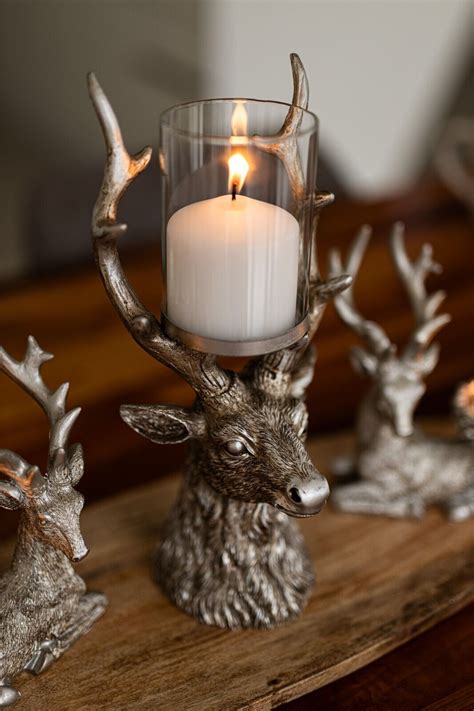 Christmas Stag Candle Holders Decoration Tealight Silver Home Xmas