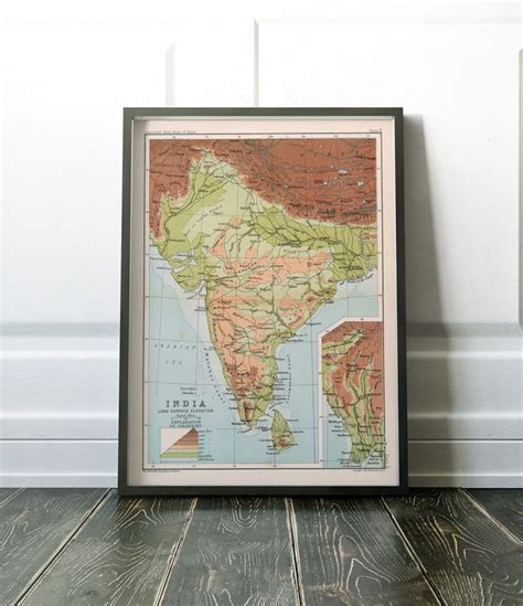 India Vintage Map Old India Elevation Map 1893 Antique Map Of India