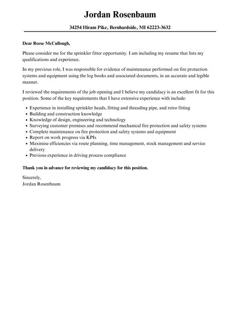 Sprinkler Fitter Cover Letter Velvet Jobs