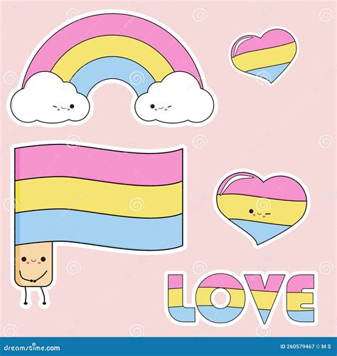 Bandera Arco Iris Amor Corazones Lgbt Pansexual Kawai Ilustración Del