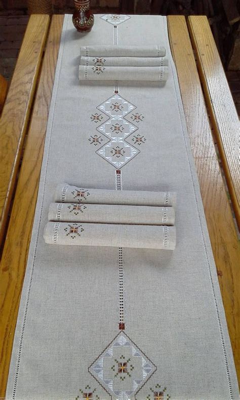 Gray Linen Runner And Napkins Scandinavian Table Runner Silk Embroidery