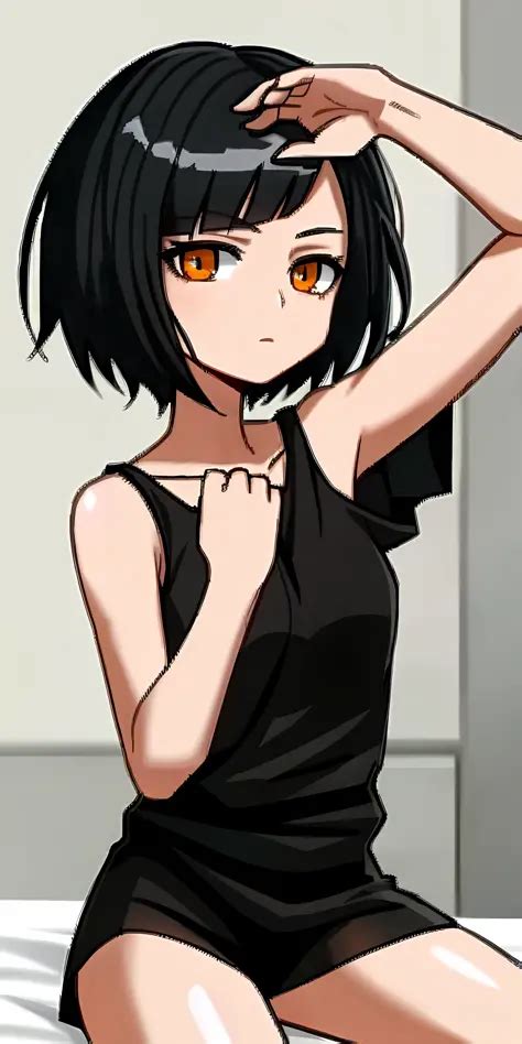 Black Haired Girl With Short Haircut And Blue Eyes Half Naked Sitting