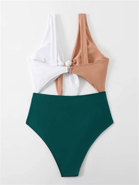 Shein Swim Vcay Plus Color Block Knot Front One Piece Swimsuit Shein Usa