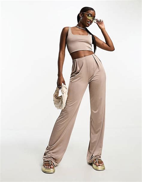 Asos Design Co Ord Slinky Disco Wide Leg Trouser In Mushroom Asos