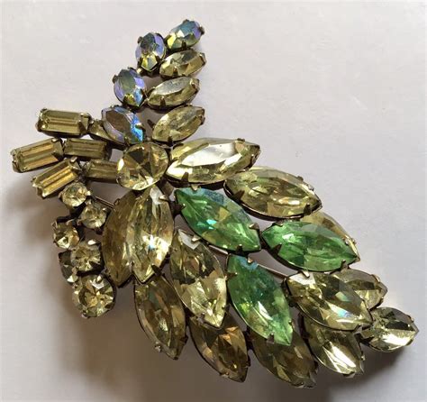 Vintage Regency Signed Green Yellow Rhinestone Broo Gem