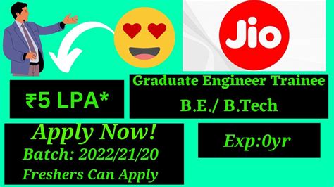 Jio Off Campus Hiring 20222120 5lpa Graduate Engineer Trainee Freshers Be Btech