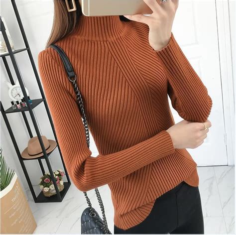 Autumn Women Lady Sweater High Elastic Solid Turtleneck Sweater Women