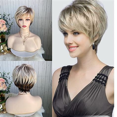 Curly Ombre Blonde Pixie Cut Wigs For White Women Layered Wig Brown To