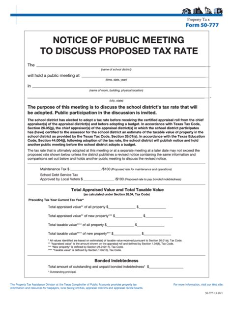 Fillable Form 50 777 Notice Of Public Meeting To Discuss Proposed Tax Rate Printable Pdf Download