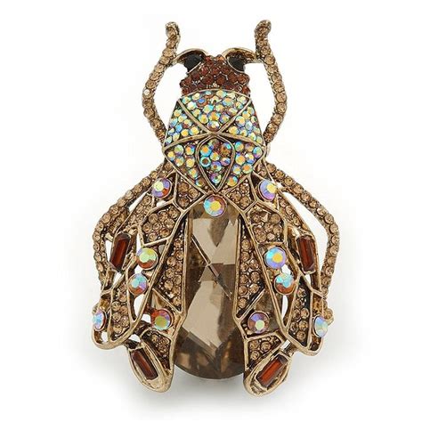 Large Crystal Bug Brooch Pendant In Gold Tone Citrine Brown Amber